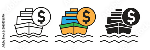 Konstfotografi Cruise ship or cargo boat vector icon set combined with a dollar coin symbol