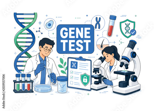 Genome Protection Research. Genome protection and DNA research banner with one main scene of two scientists analyzing hereditary samples in a laboratory, oversized DNA helix and microscope reaching