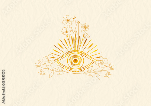 Tableau sur toile Ilustración minimalista de ojo místico con corona botánica de laurel en fine-line art negro, diseño boho celestial para logotipo místico, papelería de lujo o lámina de bienestar