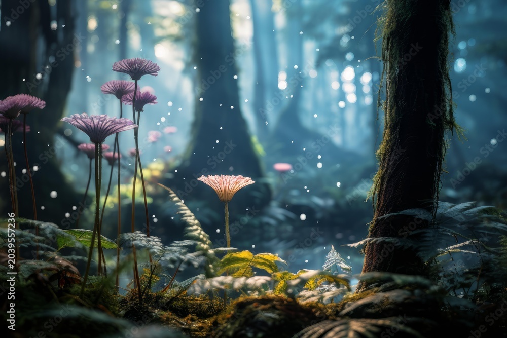Obraz premium Glowing flora illuminating a magical, mystical forest landscape with sparkling light particles
