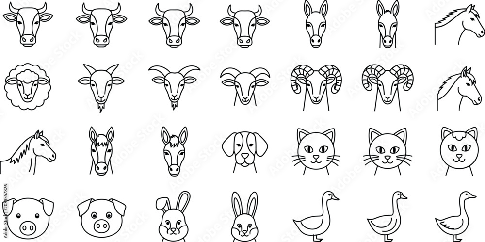 Obraz premium Farm Animal Outline Icon Set with Cow, Goat, Sheep, Horse, Pig, Rabbit, Cat, Dog, and Goose Vector Symbols