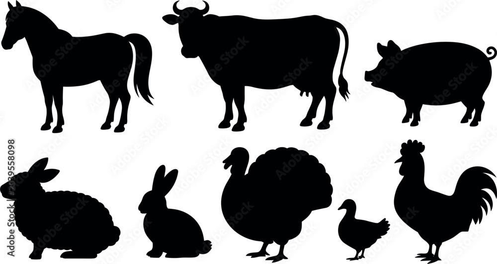 Fototapeta premium Farm Animal Silhouette Set Featuring Horse, Cow, Pig, Sheep, Rabbit, Turkey, Duck, and Rooster in Solid Black Vector Illustration Style