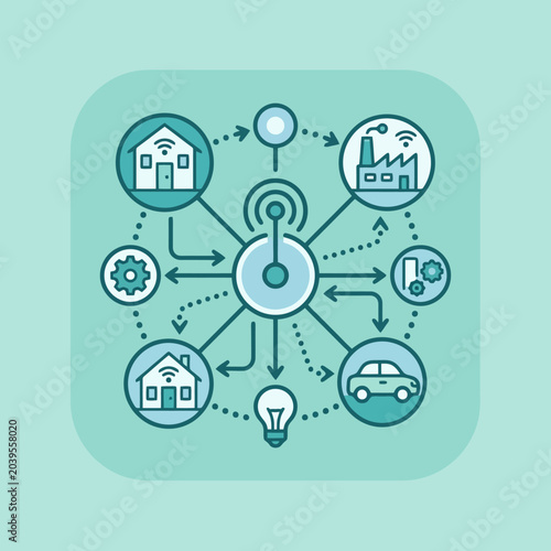 Fotografie A digital diagram showing a central network connecting various objects