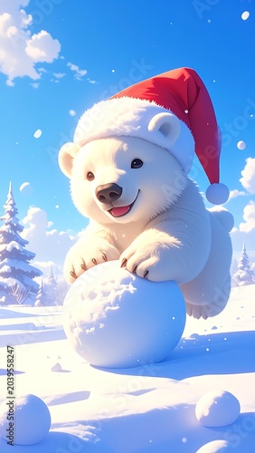 A cheerful polar bear in a Santa hat playing with a snowball