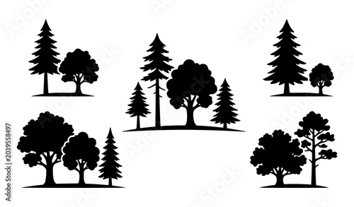 Photos Tree Landscape Silhouette Set, Natural Forest Scene Vector Collection