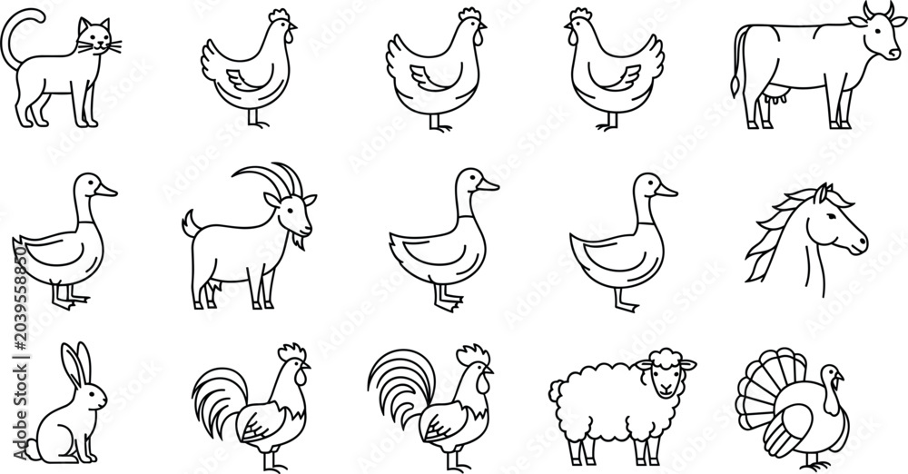 Fototapeta premium Farm Animal Outline Icon Set Featuring Chicken, Duck, Goat, Horse, Sheep, Turkey, Rabbit, and Cow Vector Illustrations