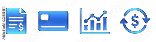 Business finance documents credit card chart exchange 3D Glossy Gradient Icons Set. Transparent PNG