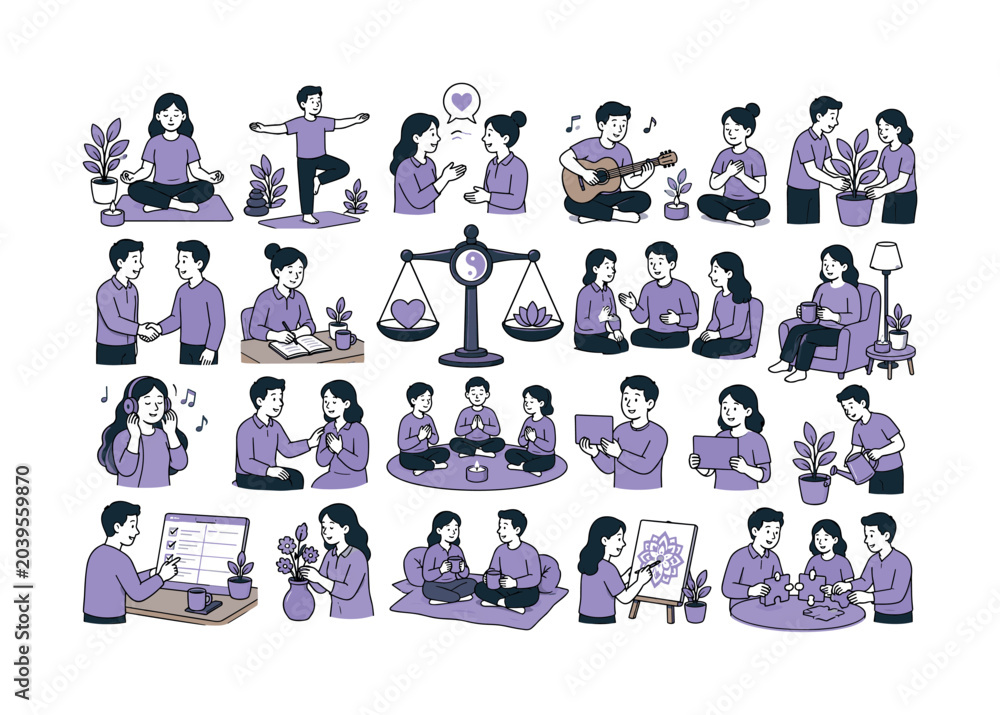 Fototapeta premium Harmony Balance Peace collection of digital illustrations, 12-20 character-driven small scenes across full canvas, people with visible faces and expressive poses finding balance, mediating conflicts,