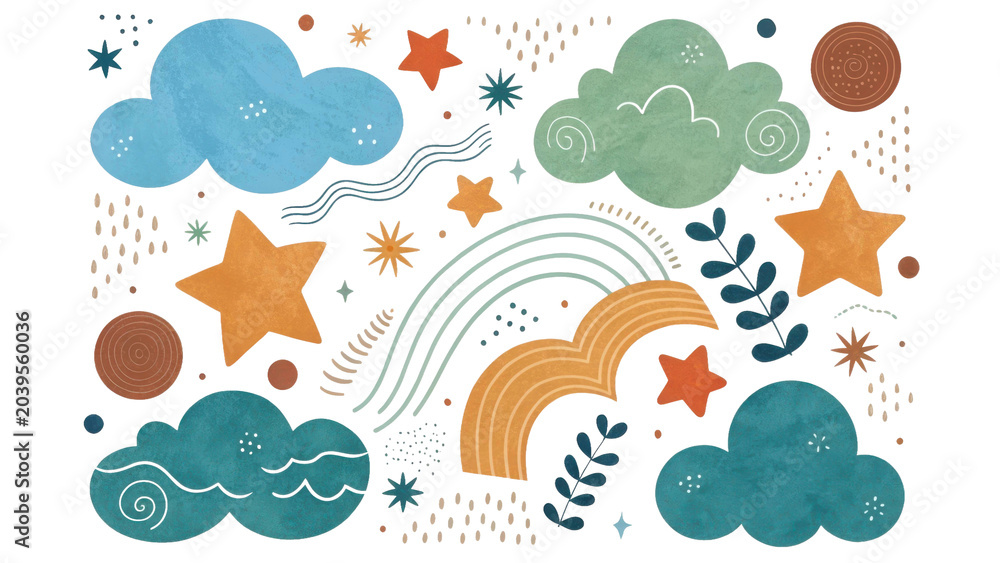 Naklejka premium Boho Rainbow Clouds and Stars Watercolor Clipart Collection, Celestial Nursery Decor Elements, Pastel Abstract Sky Illustration Set