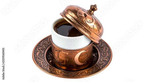 Rich dark coffee in a white cup beneath a copper lid and saucer
