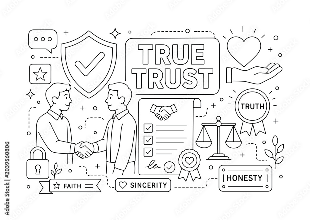 Fototapeta premium Trust Honesty Values. Banner line art composition featuring a trust and credibility scene spread across the full canvas, two friends shaking hands beside an oversized shield and large promise