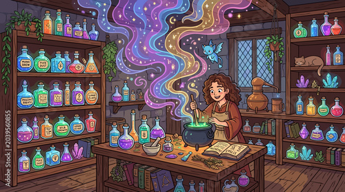 Canvas Print Fantasy potion laboratory with glowing bottles and floating magical smoke, color