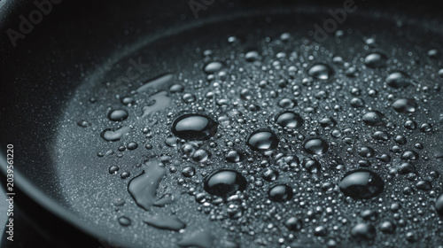Extreme closeup of water droplets sizzling on a hot dark nonstick pan surface before cooking

