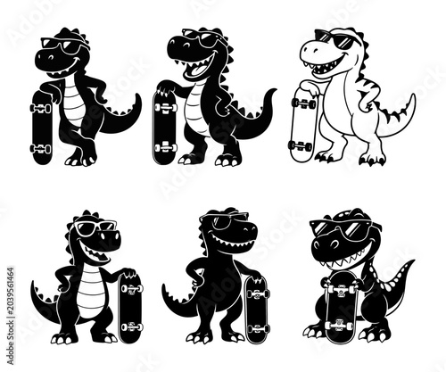 Funny dinosaur skateboard silhouette collection wearing sunglasses and holding skateboard, cool cute reptile skater vector illustration isolated on white background