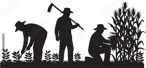 Black silhouettes of three farmers working in a cornfield