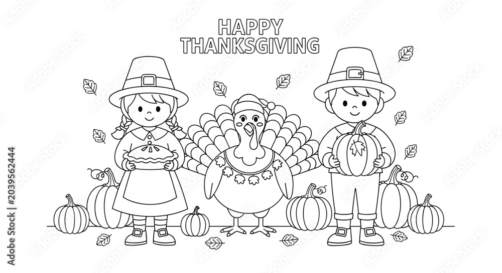 Fototapeta premium Happy Thanksgiving coloring page featuring a pilgrim girl with a pie, a pilgrim boy with a pumpkin, and a cute turkey.