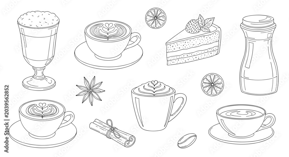 Obraz premium Collection of detailed black and white sketches of various coffee drinks, a slice of cake, and spices on a white background.
