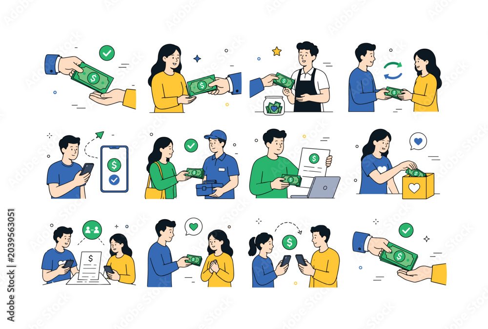 Fototapeta premium Hand Holding Money. Payments and money exchange theme and related transaction scenes. 12 minimalist editorial vector scenes: giving cash payment, receiving money in hand, tipping service worker,