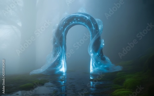 Ethereal blue portal in misty forest digital art illustration