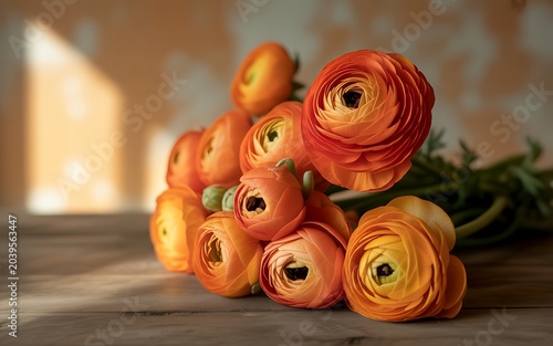 Vibrant orange ranunculus flowers on wooden table