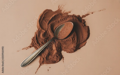 Cocoa powder spill with silver spoon flat lay composition
