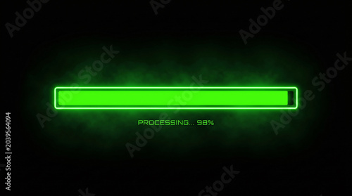 A bright neon green loading bar displays ninety-eight percent completion with a soft glowing haze effect in this modern digital graphic design for user interfaces.