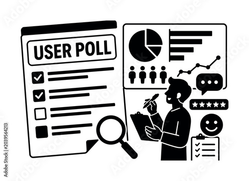 Survey Feedback Research. Clean solid filled banner composition showing one oversized questionnaire sheet stretching from left edge, one respondent character near right edge, a large poll chart board