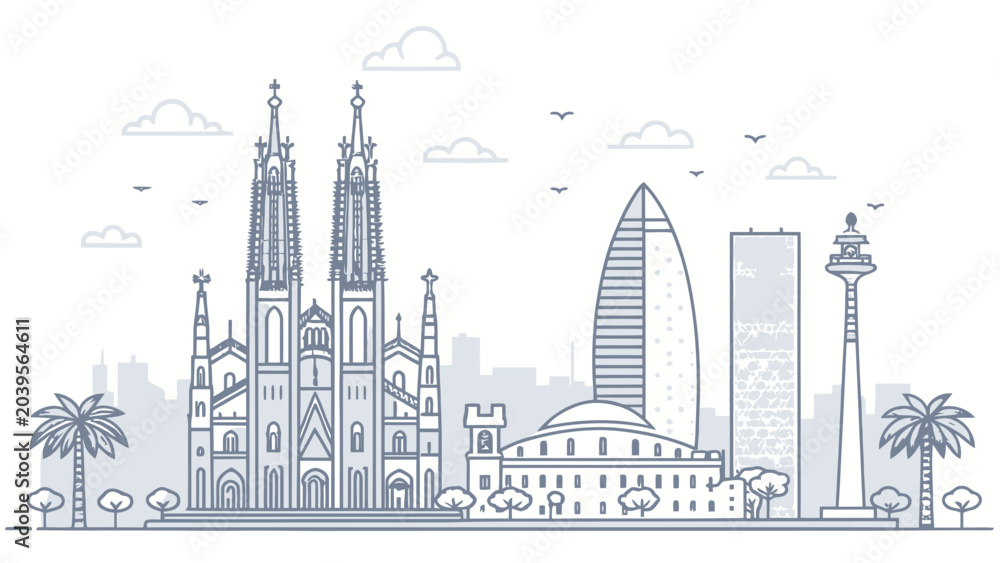Fototapeta premium Minimalist barcelona skyline illustration featuring iconic sagrada familia architecture and modern city landmarks in a clean linear vector design style for travel