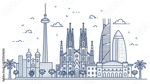 Minimalist barcelona skyline illustration featuring sagrada familia and modern city landmarks in a clean linear vector art style for travel and tourism design projects