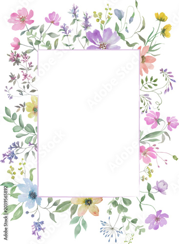 Watercolor Wildflower Frame Background, Hand-Painted Floral Vertical Border with Meadow Flowers and Greenery, Botanical Template for Wedding Cards. Vector EPS.