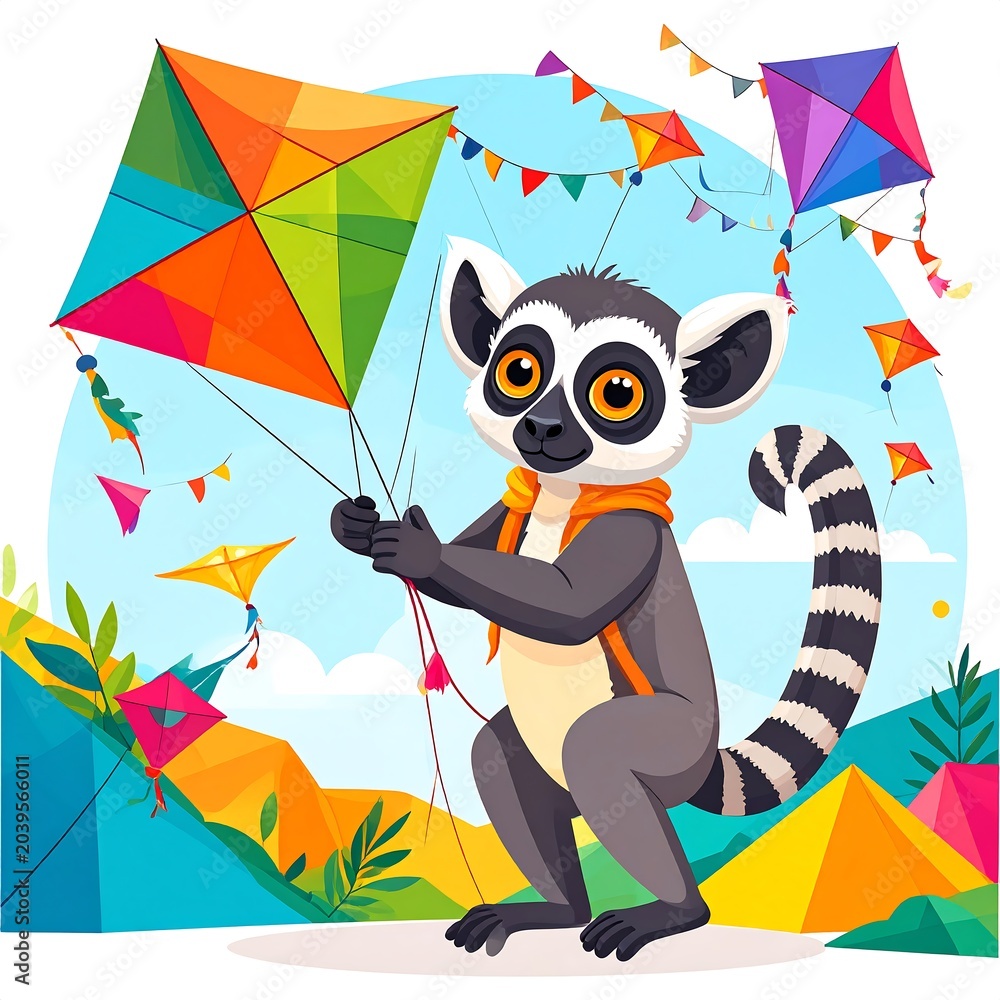 Naklejka premium Colorful Lemur Flying Kite Outdoors.