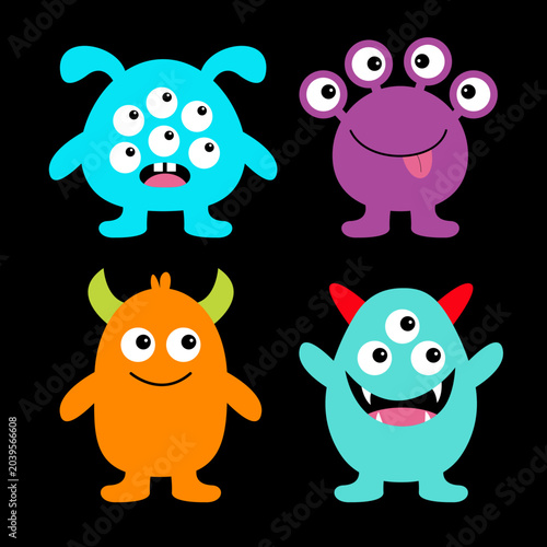 Happy Halloween. Monster set. Kawaii cartoon funny character. Colorful silhouette monsters. Cute face with teeth, horns, eyes, hands. Childish baby collection. Flat design. Black background. Vector