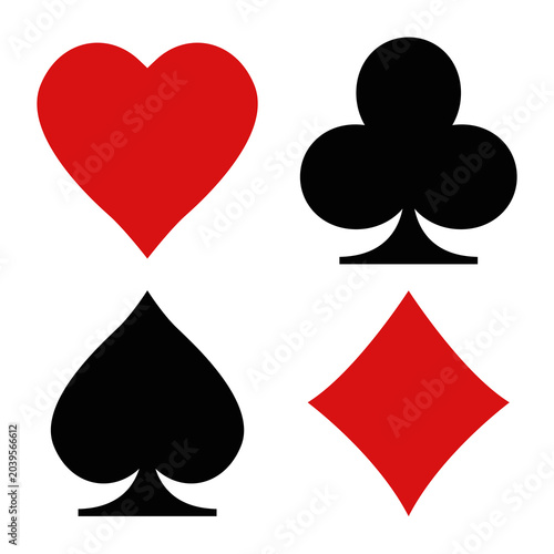 Heart, diamond, club, and spade symbols isolated on white background. Set of four playing card suits icons in flat style. Minimalist design for casino, poker, gambling projects. Vector illustration