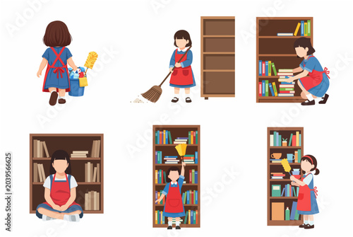 Set of flat vector illustrations of a cute little girl in an apron cleaning, sweeping the floor, and organizing books on a wooden bookshelf at home