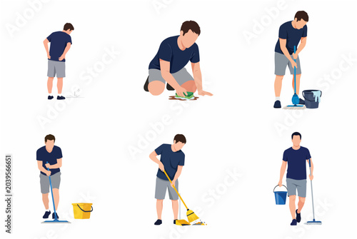 Set of vector illustrations of a man performing household chores like mopping, sweeping, scrubbing the floor, and cleaning, isolated on white background.