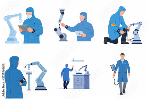 Industrial automation and robotics engineering set with technicians in cleanroom suits working with robotic arms, industry 4.0 concept