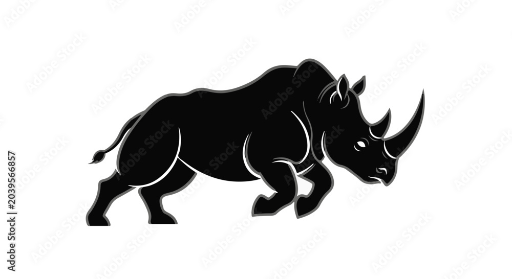 Fototapeta premium Rhinoceros illustration rendered in a bold black ink style captures the powerful silhouette of this massive wild animal in a dynamic charging motion across a clean white background.