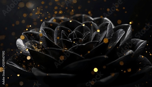 Dark Velvet Flower Covered with Floating Gold Dust Particles, Luxury Black and Gold Botanical Concept