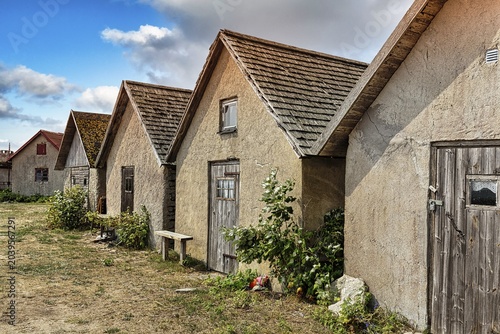 Old fishermen's huts, fishermen's place, seasonally inhabited village in a bay, Norebod Fiskeläge, South Gotland, Gotland Island, Sweden