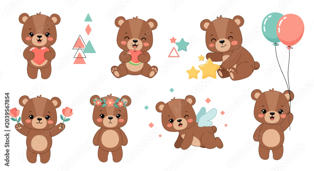 Fototapeta premium Cute Cartoon Teddy Bears Set with Hearts, Balloons, and Flowers