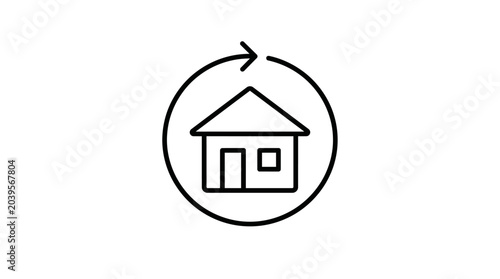 Minimalist icon representing a virtual property tour with a circular arrow around a house, perfect for real estate listings