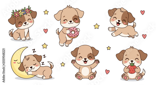 Cute Cartoon Puppy Set in Various Poses and Activities