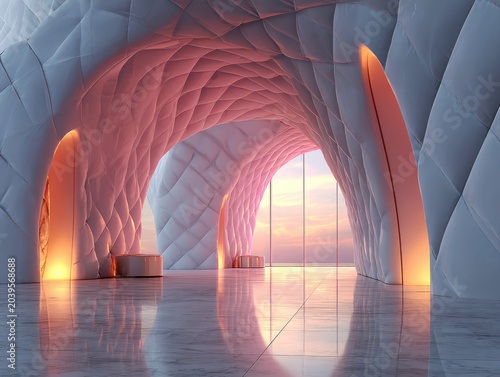 Futuristic interior hall with quilted walls and marble floor at sunset with copy space