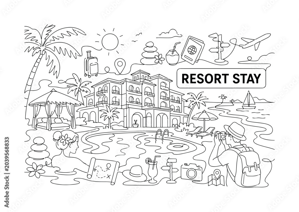 Obraz premium Resort Hotel Tourism. Clean one-line drawing banner composition showing oversized resort hotel and beach landscape stretching across all canvas edges, 2 travelers enjoying wellness, spa, passport,