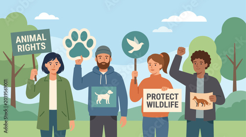 This flat design illustration depicts activists protesting for animal rights and wildlife protection, holding compassionate symbols.