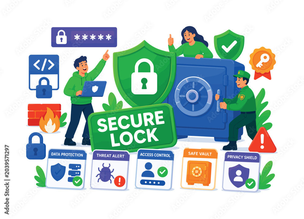 Naklejka premium Defense Security Protection banner, lively protection scene with 3 expressive stylized human characters interacting with oversized security shield and giant safe vault, password panel reaching top