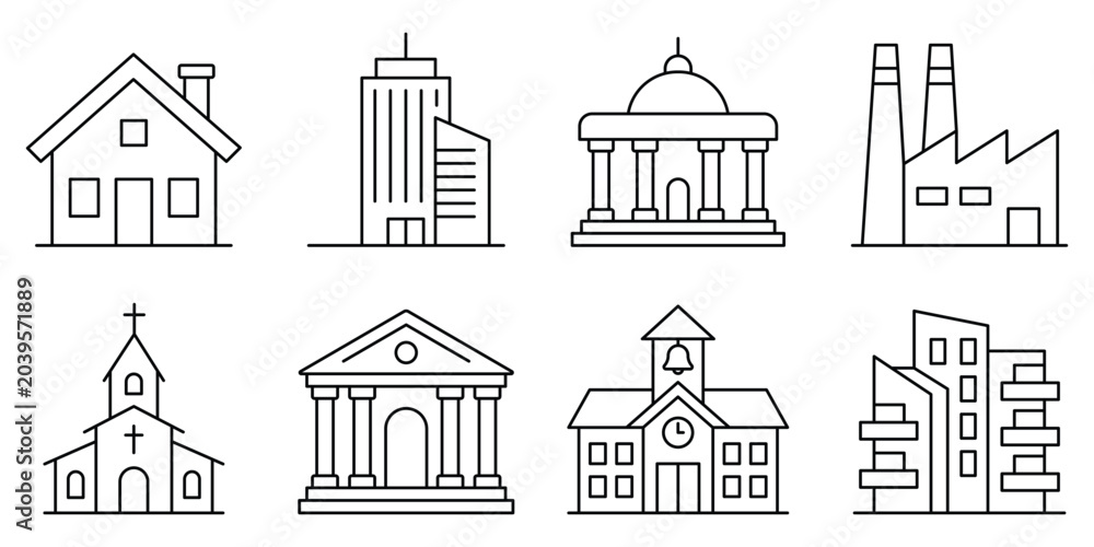 Fototapeta premium Set of building outline icons including house, office skyscraper, government building, factory, church, bank, school, and modern apartment complex, architecture vector illustration.