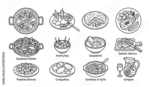 Bild auf Leinwand Traditional Spanish Food Outline Icons Featuring Paella Tapas and Tortilla Vecto