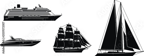 Fotografía Black Silhouette Ship and Boat Collection Set Including Cruise Sailing and Speed