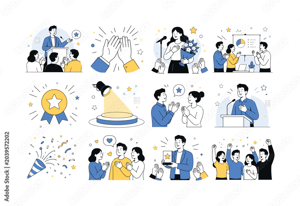 Fototapeta premium Applause Clapping Hands. Clapping hands, applause, appreciation, celebration, audience reaction, praise, recognition, and editable stroke applause symbols. 12 minimalist editorial vector scenes: